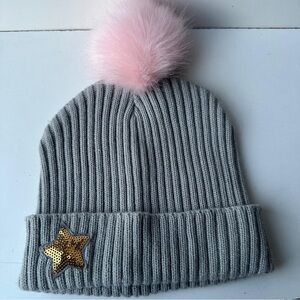 Emoji Nation Grey Ribbed Knit Beanie Hat Pink Faux Fur Pom Gold Sequin Star